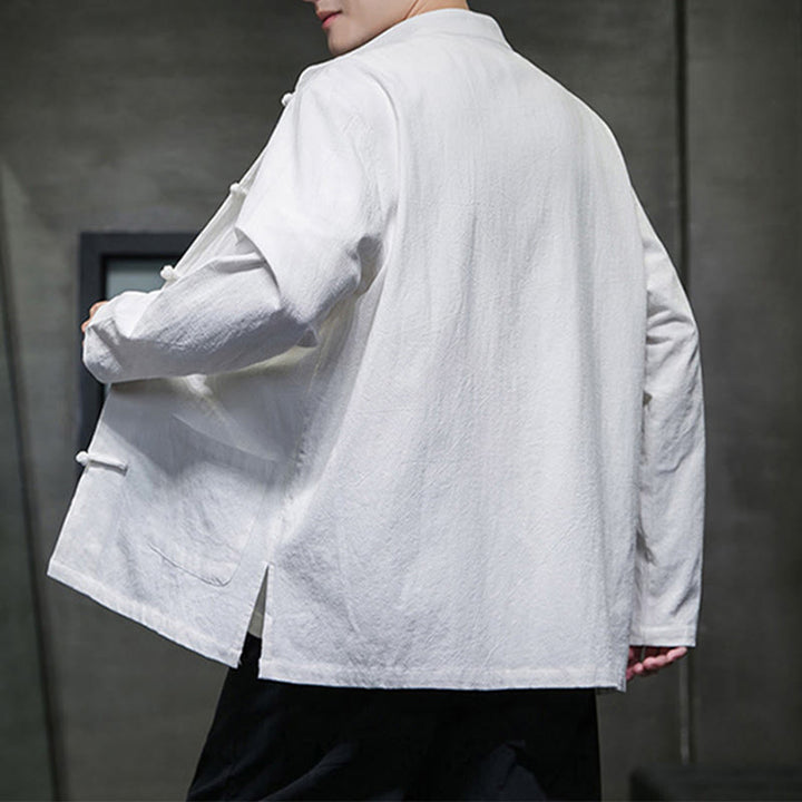 Traje Tang de algodón y lino con botones de rana de color liso y Buddha Stones para hombre, chaqueta y camisa con bolsillos - image 44