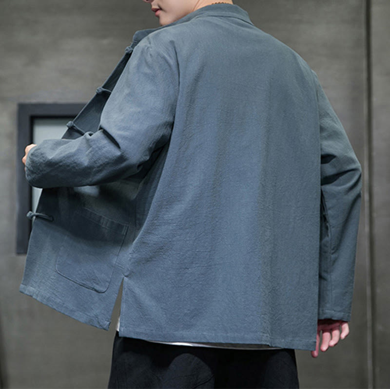 Traje Tang de algodón y lino con botones de rana de color liso y Buddha Stones para hombre, chaqueta y camisa con bolsillos - image 7