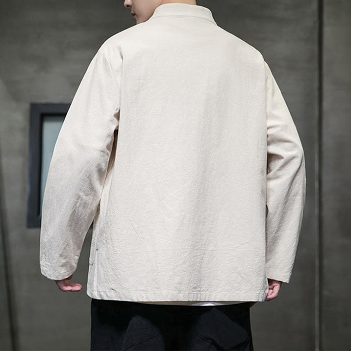 Traje Tang de algodón y lino con botones de rana de color liso y Buddha Stones para hombre, chaqueta y camisa con bolsillos - image 18