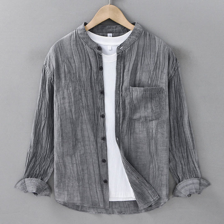 Buddha Stones Camisas de lino ramio para hombre con diseño de pliegues, mangas largas y botones - Gris - US/UK/AU42, EU52 (3XL) - image 0
