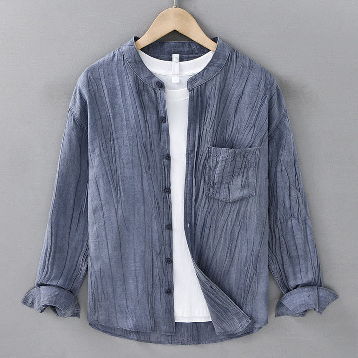 Buddha Stones Camisas de lino ramio para hombre con diseño de pliegues, mangas largas y botones - Azul acero claro - US/UK/AU42, EU52 (3XL) - image 13