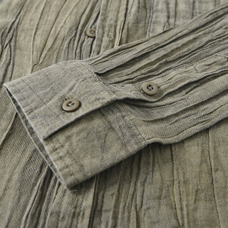 Buddha Stones Camisas de lino ramio para hombre con diseño de pliegues, mangas largas y botones - image 8