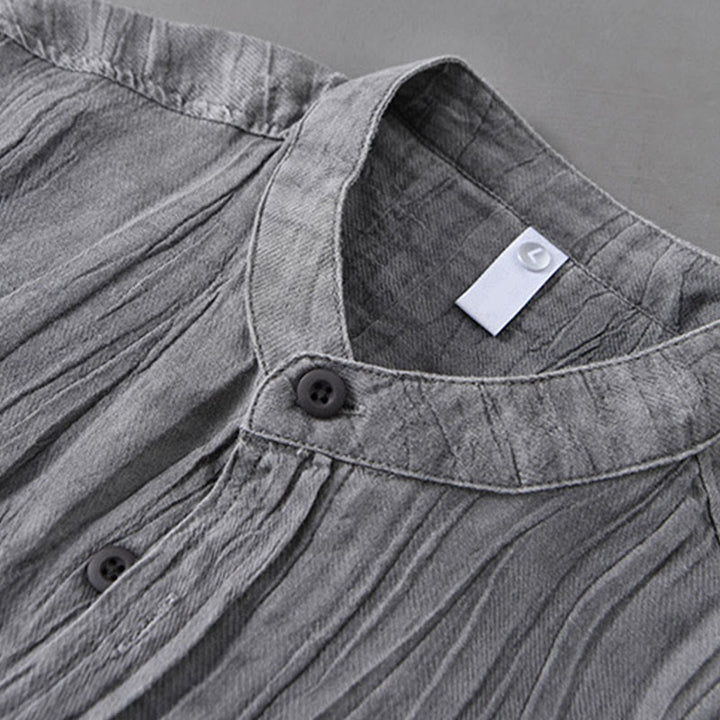 Buddha Stones Camisas de lino ramio para hombre con diseño de pliegues, mangas largas y botones - image 2