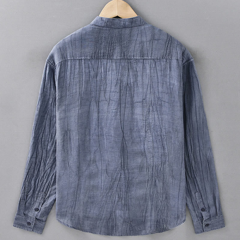Buddha Stones Camisas de lino ramio para hombre con diseño de pliegues, mangas largas y botones - image 14