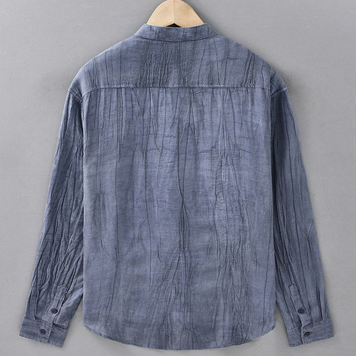 Buddha Stones Camisas de lino ramio para hombre con diseño de pliegues, mangas largas y botones - image 14