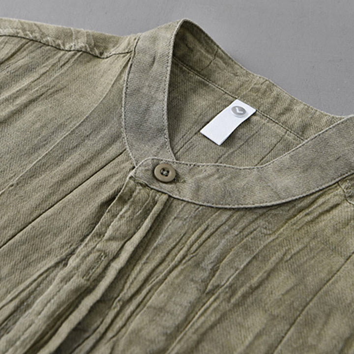 Buddha Stones Camisas de lino ramio para hombre con diseño de pliegues, mangas largas y botones - image 6
