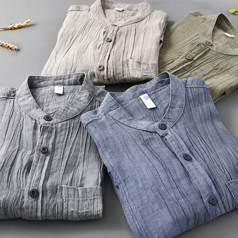 Buddha Stones Camisas de lino ramio para hombre con diseño de pliegues, mangas largas y botones - image 1