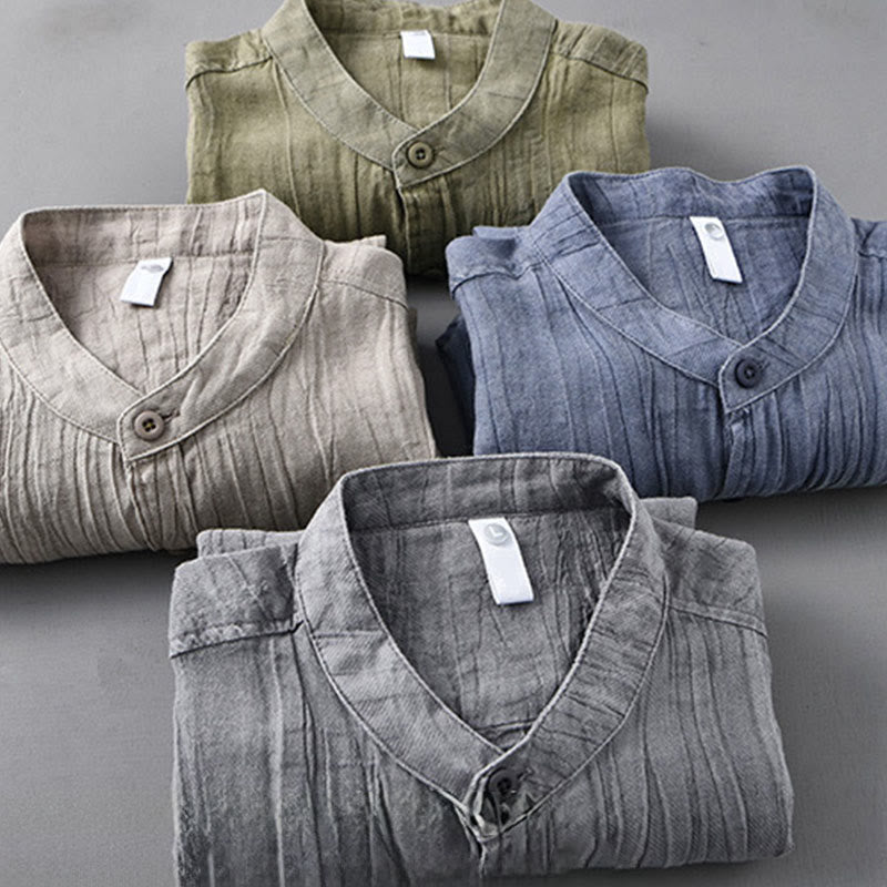 Buddha Stones Camisas de lino ramio para hombre con diseño de pliegues, mangas largas y botones - image 19