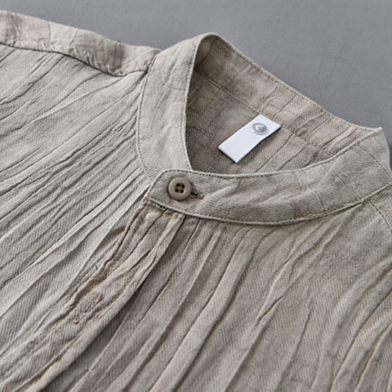 Buddha Stones Camisas de lino ramio para hombre con diseño de pliegues, mangas largas y botones - image 10