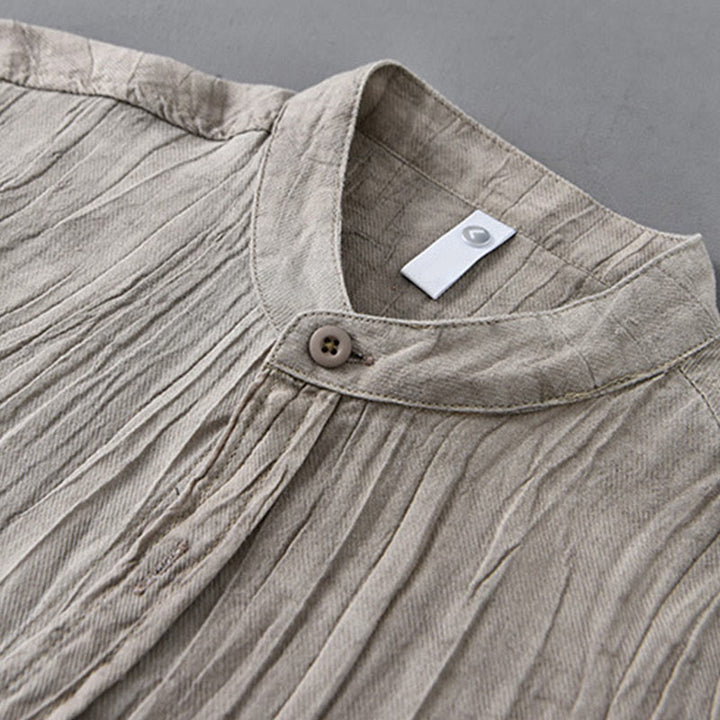 Buddha Stones Camisas de lino ramio para hombre con diseño de pliegues, mangas largas y botones - image 10