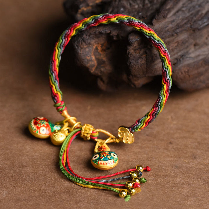Pulsera trenzada de hilo colorido con nudo de la suerte familiar, con Buddha Stones, oro tibetano y bestia tragadora - image 1
