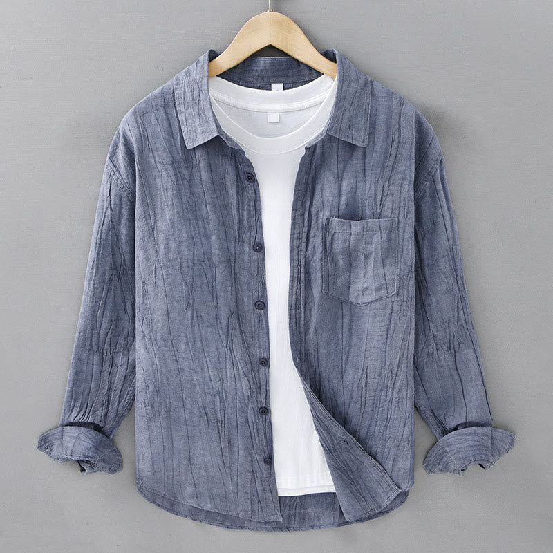 Camisas de lino y ramio para hombre con cuello alto, manga larga, arrugas y botones, con estampado de Buddha Stones - Azul acero claro - US/UK/AU42, EU52 (3XL) - image 0