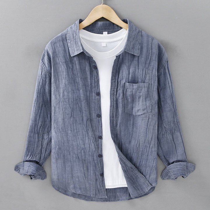 Camisas de lino y ramio para hombre con cuello alto, manga larga, arrugas y botones, con estampado de Buddha Stones - Azul acero claro - US/UK/AU42, EU52 (3XL) - image 0