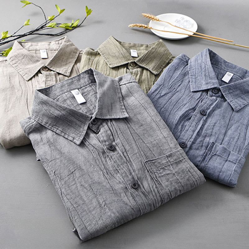 Camisas de lino y ramio para hombre con cuello alto, manga larga, arrugas y botones, con estampado de Buddha Stones - image 19