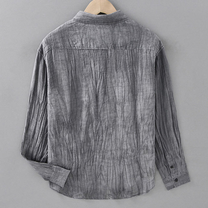 Camisas de lino ramio para hombre con cuello alto, manga larga, arrugas y medio botón, con estampado de Buddha Stones - image 5