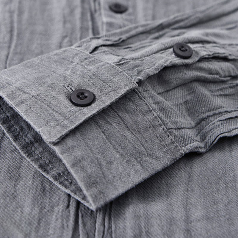 Camisas de lino ramio para hombre con cuello alto, manga larga, arrugas y medio botón, con estampado de Buddha Stones - image 8