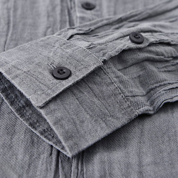 Camisas de lino ramio para hombre con cuello alto, manga larga, arrugas y medio botón, con estampado de Buddha Stones - image 8