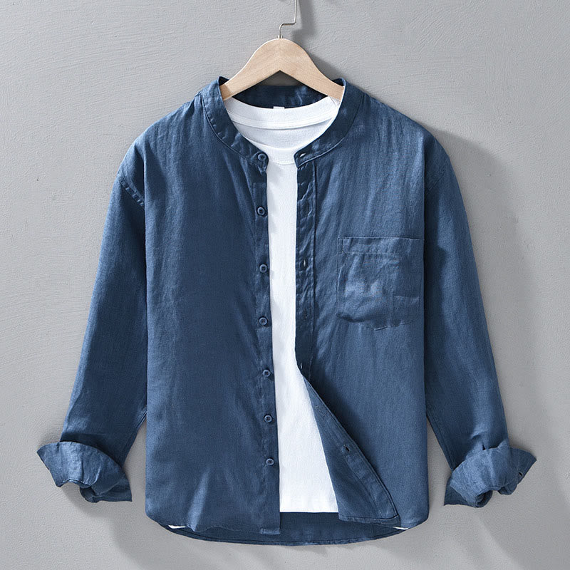 Camisas de lino para hombre con diseño sencillo de botones y manga larga con Buddha Stones en otoño - Azul acero - US/UK/AU42, EU52 (3XL) - image 15