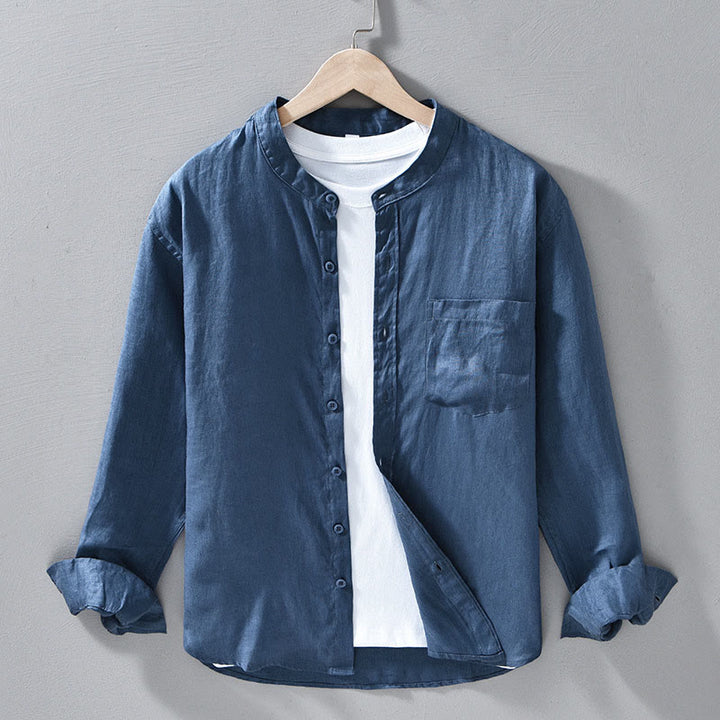 Camisas de lino para hombre con diseño sencillo de botones y manga larga con Buddha Stones en otoño - Azul acero - US/UK/AU42, EU52 (3XL) - image 15