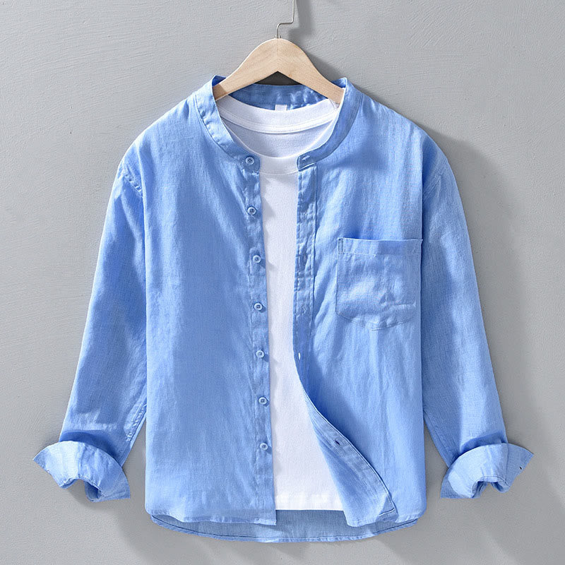 Camisas de lino para hombre con diseño sencillo de botones y manga larga con Buddha Stones en otoño - Azul cielo claro - US/UK/AU42, EU52 (3XL) - image 12
