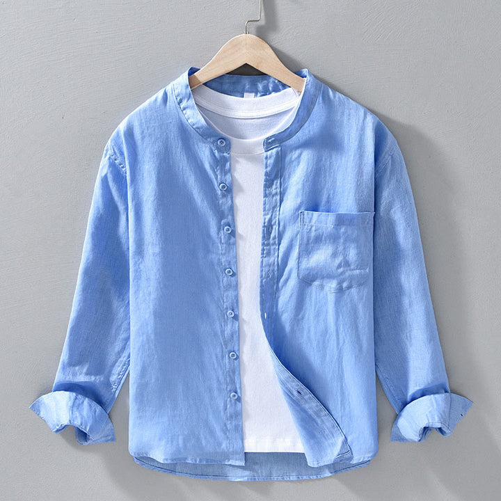 Camisas de lino para hombre con diseño sencillo de botones y manga larga con Buddha Stones en otoño - Azul cielo claro - US/UK/AU42, EU52 (3XL) - image 12