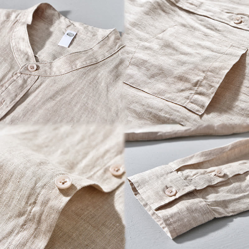 Camisas de lino para hombre con diseño sencillo de botones y manga larga con Buddha Stones en otoño - image 7