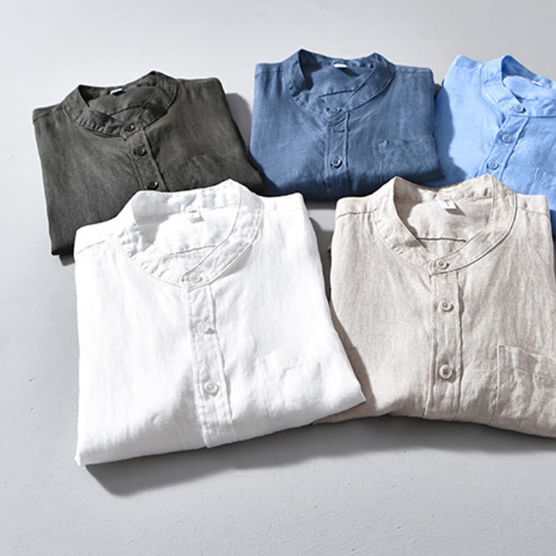 Camisas de lino para hombre con diseño sencillo de botones y manga larga con Buddha Stones en otoño - image 21