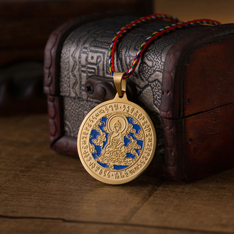 Buddha Stones con colgante de cuerda de colores de acero de titanio con mantra de corazón de Buda de la Medicina Azul y Piedras de Buda - image 1