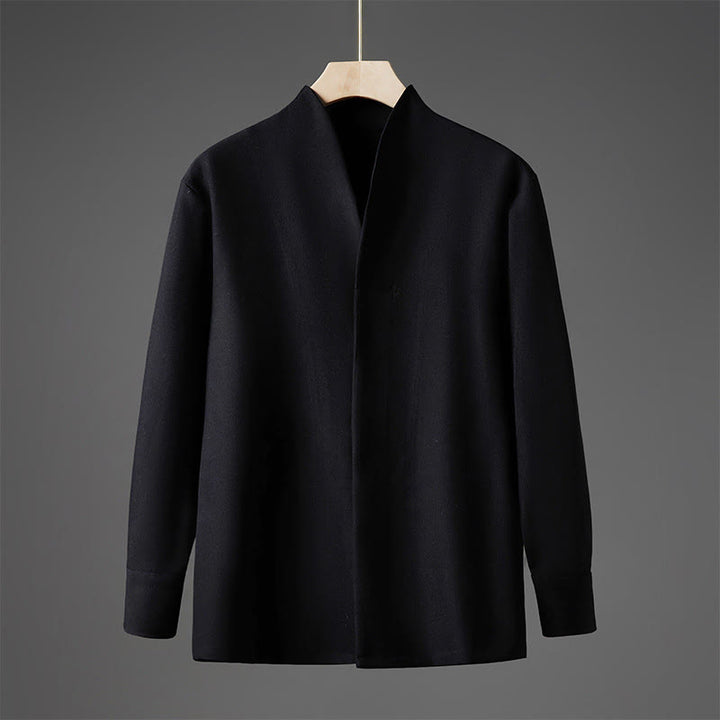 Camisas de hombre con diseño de medio botón oculto y manga larga con estampado de Buddha Stones en color liso y caída - Negro - US/UK/AU46, EU56 (5XL) - image 8