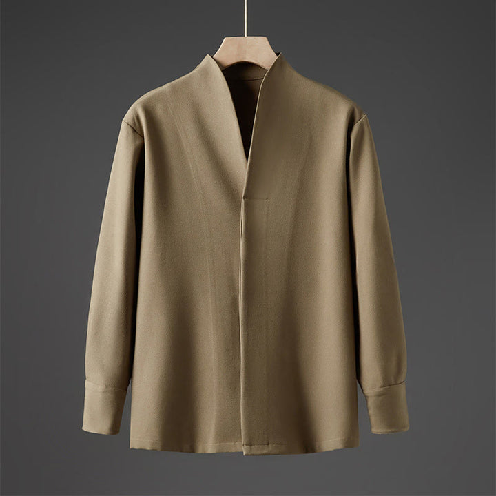 Camisas de hombre con diseño de medio botón oculto y manga larga con estampado de Buddha Stones en color liso y caída - Caqui oscuro - US/UK/AU46, EU56 (5XL) - image 10