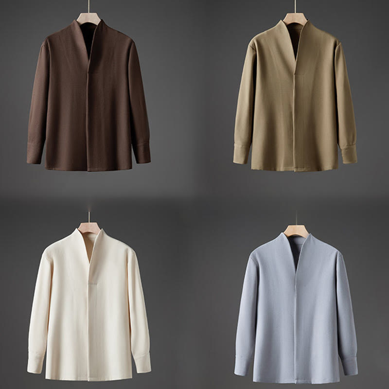 Camisas de hombre con diseño de medio botón oculto y manga larga con estampado de Buddha Stones en color liso y caída - image 17