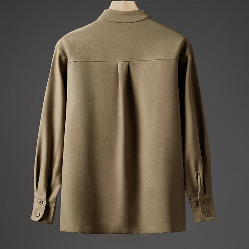 Camisas de hombre con diseño de medio botón oculto y manga larga con estampado de Buddha Stones en color liso y caída - image 11