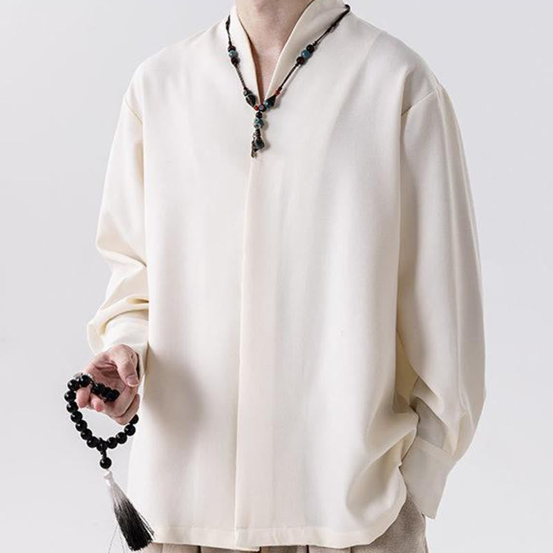 Camisas de hombre con diseño de medio botón oculto y manga larga con estampado de Buddha Stones en color liso y caída - image 2