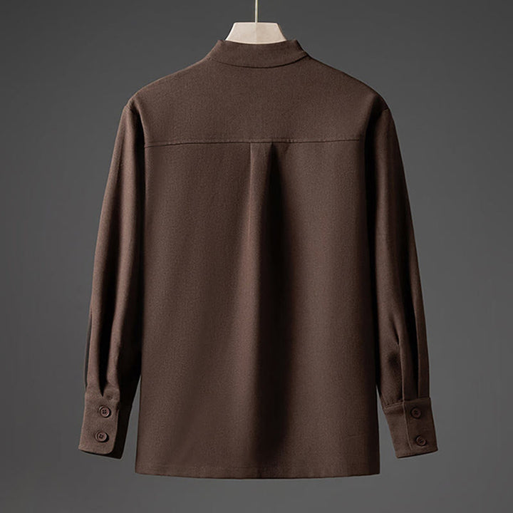 Camisas de hombre con diseño de medio botón oculto y manga larga con estampado de Buddha Stones en color liso y caída - image 16