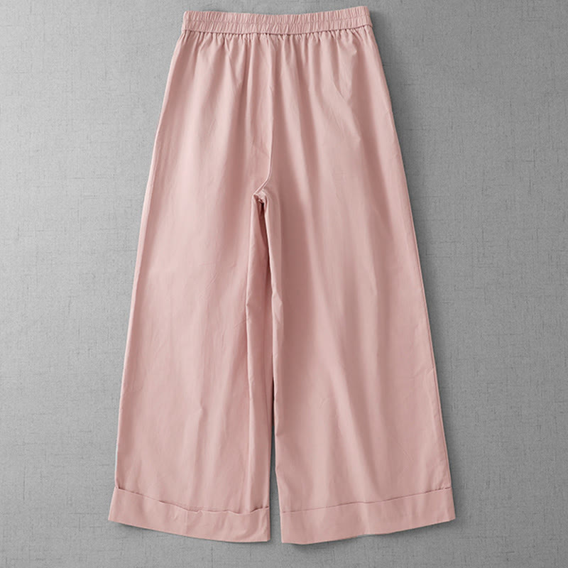 Pantalones casuales de poliéster liso Buddha Stones para mujer, de pierna ancha, largos 7-8, con bolsillos - image 1