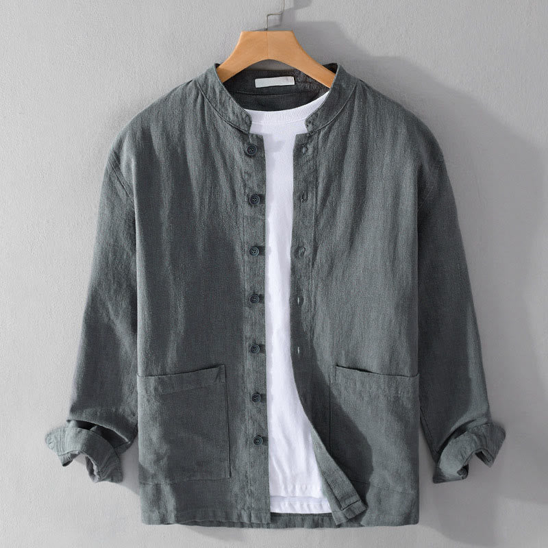 Camisas de hombre de algodón ramio con botones, manga larga y bolsillos, de Buddha Stones - Gris - US/UK/AU42, EU52 (3XL) - image 0