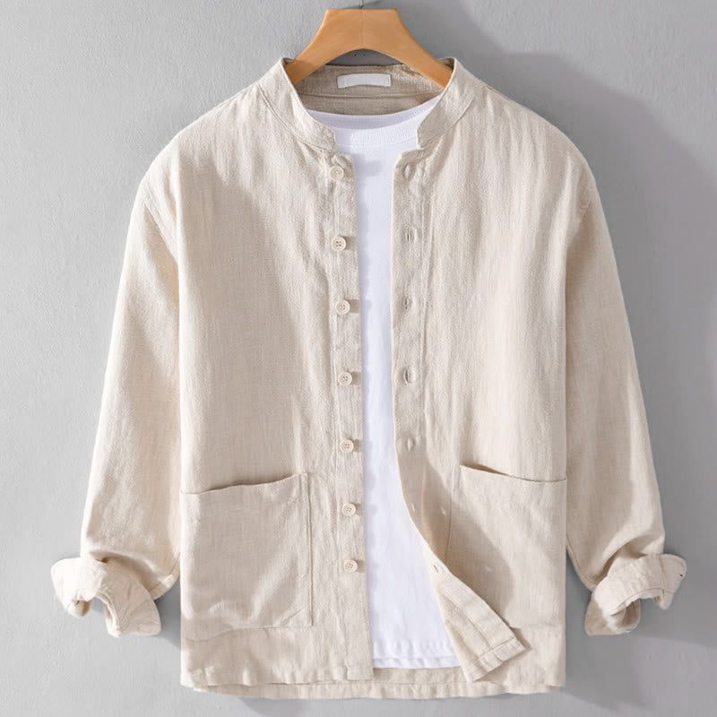 Camisas de hombre de algodón ramio con botones, manga larga y bolsillos, de Buddha Stones - Beige - US/UK/AU42, EU52 (3XL) - image 8