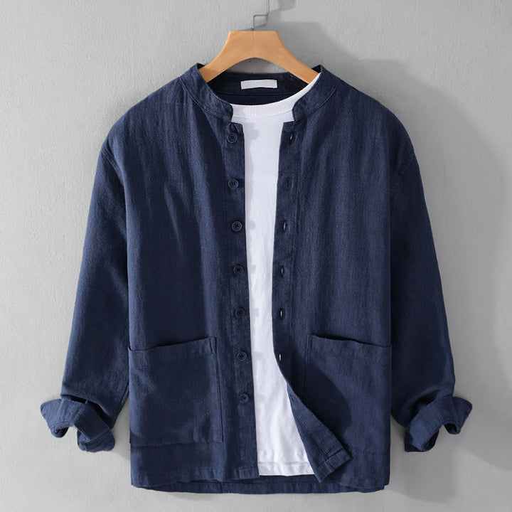 Camisas de hombre de algodón ramio con botones, manga larga y bolsillos, de Buddha Stones - Azul acero - US/UK/AU42, EU52 (3XL) - image 19