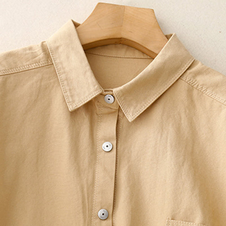 Camisa informal de algodón liso con cuello alto y manga larga para mujer de Buddha Stones - image 2