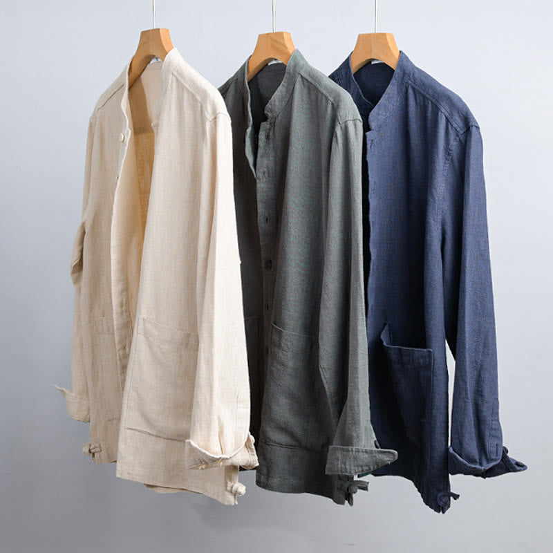 Camisas de hombre de algodón ramio con botones, manga larga y bolsillos, de Buddha Stones - image 1