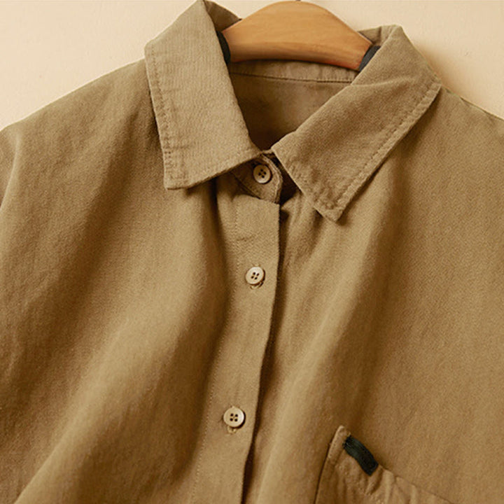 Camisa de algodón de manga larga con cuello alto y botones informales para mujer con diseño de Buddha Stones - image 11