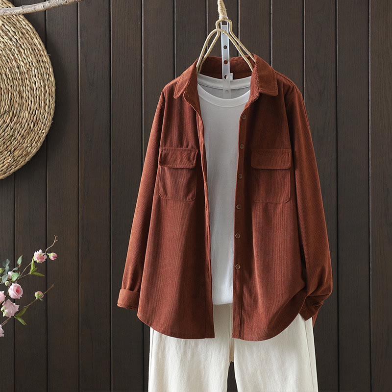 Chaqueta de pana Buddha Stones de algodón de manga larga para mujer con bolsillos - Tierra de siena - US8-10，UK/AU12-14，EU40-42 (2XL) - image 1