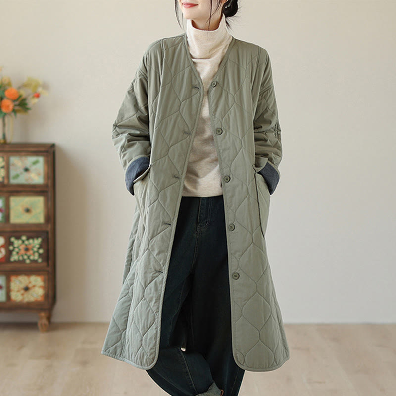Abrigo acolchado de algodón con bolsillos y botones lisos para mujer de Buddha Stones - Verde mar oscuro - US14，UK/AU18，EU46 (2XL) - image 0