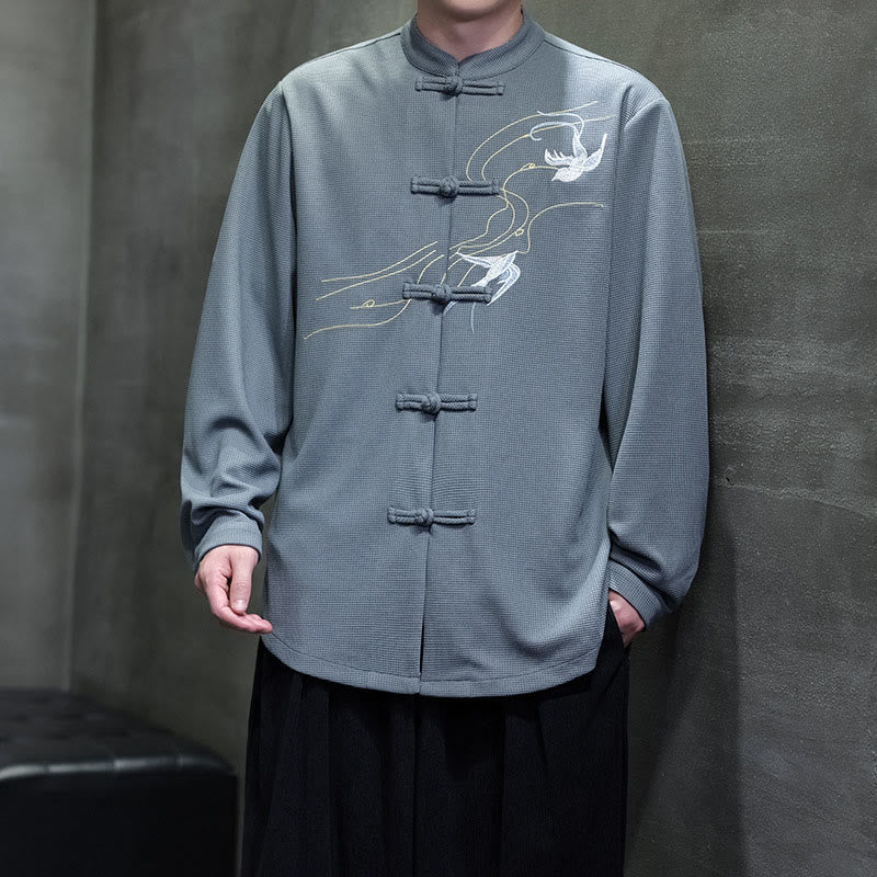 Camisa de hombre con cuello alto, manga larga y bordado de golondrinas y botones de rana con Buddha Stones - image 21