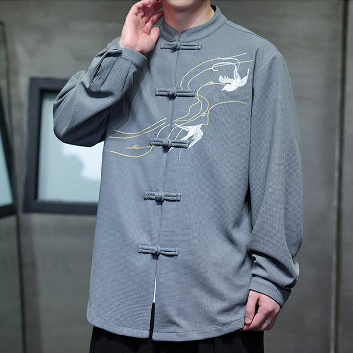 Camisa de hombre con cuello alto, manga larga y bordado de golondrinas y botones de rana con Buddha Stones - image 20