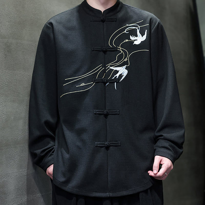 Camisa de hombre con cuello alto, manga larga y bordado de golondrinas y botones de rana con Buddha Stones - image 9