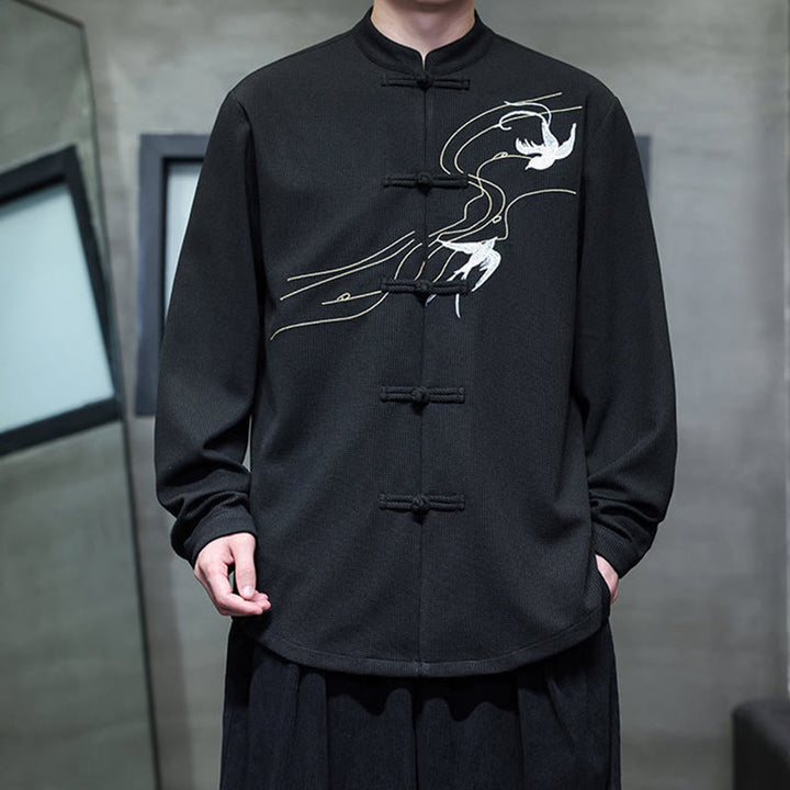 Camisa de hombre con cuello alto, manga larga y bordado de golondrinas y botones de rana con Buddha Stones - image 5