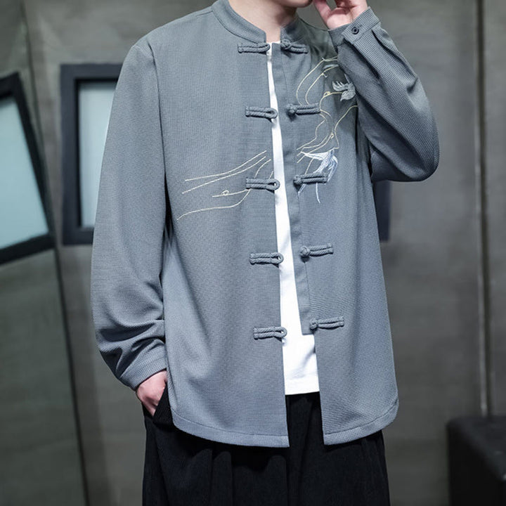 Camisa de hombre con cuello alto, manga larga y bordado de golondrinas y botones de rana con Buddha Stones - image 19