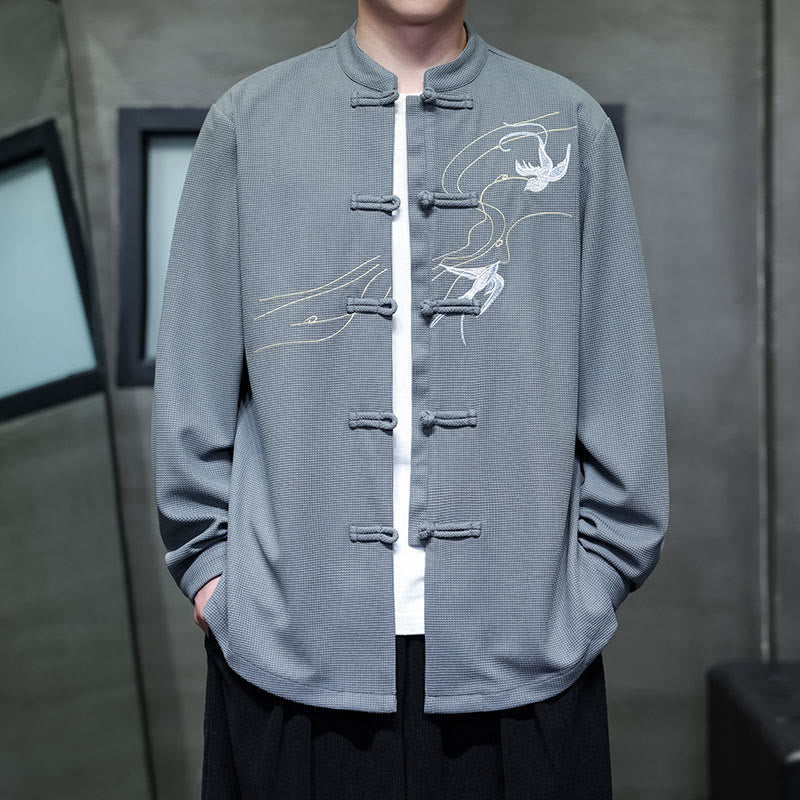 Camisa de hombre con cuello alto, manga larga y bordado de golondrinas y botones de rana con Buddha Stones - image 17