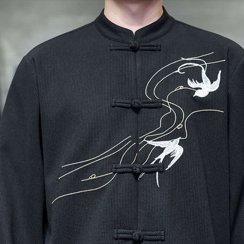 Camisa de hombre con cuello alto, manga larga y bordado de golondrinas y botones de rana con Buddha Stones - image 10